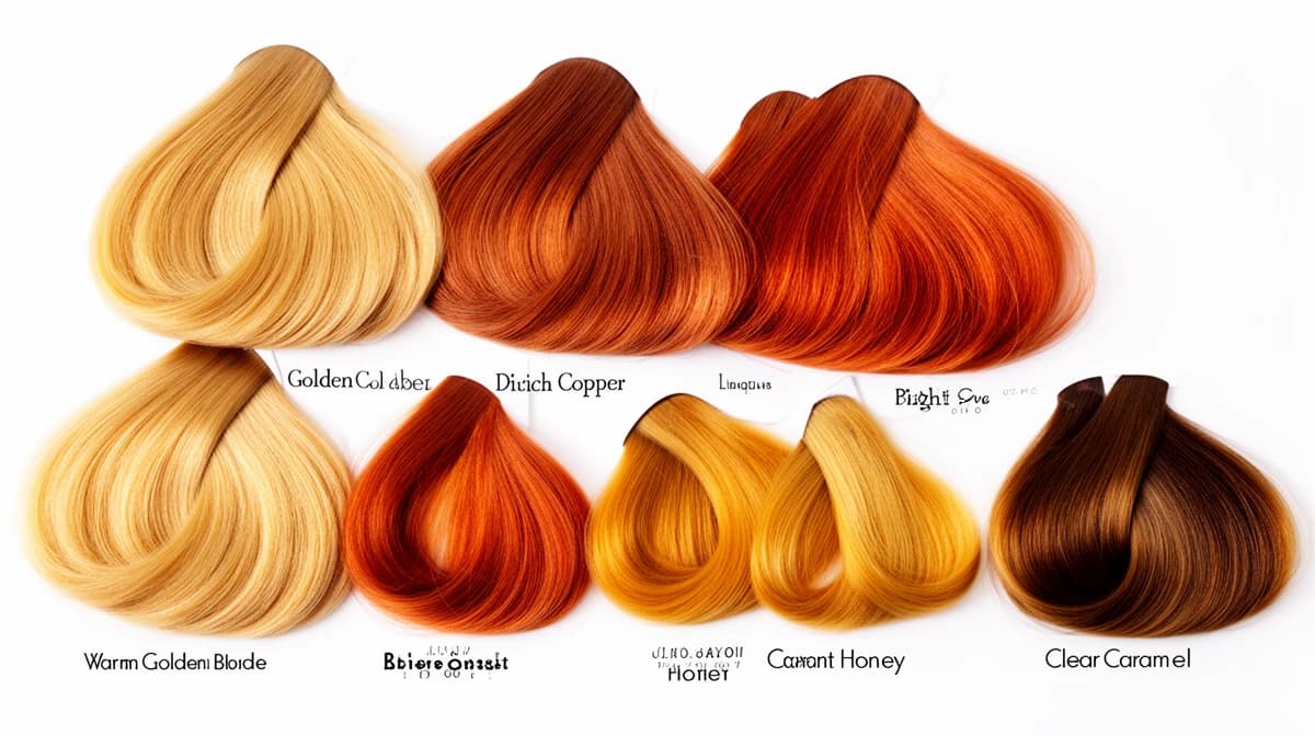 Bright Spring hair color swatches showing warm golden and copper tones