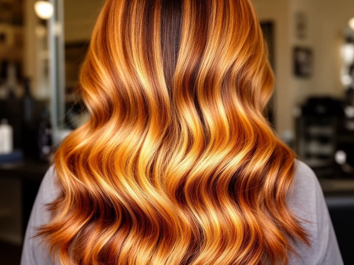 Bright Spring balayage with warm honey and copper highlights