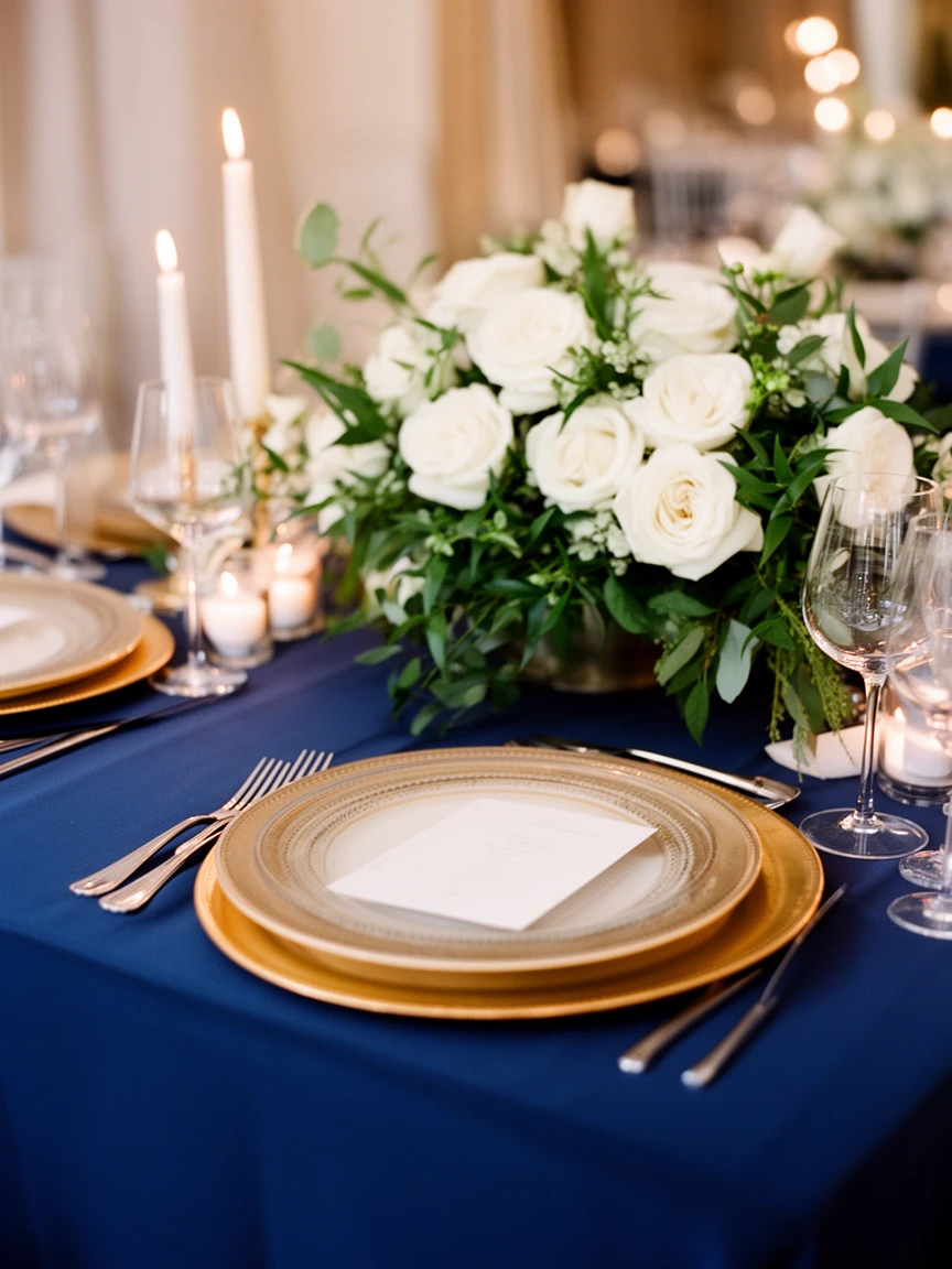 Navy blue wedding color palette with elegant table setting and gold accents