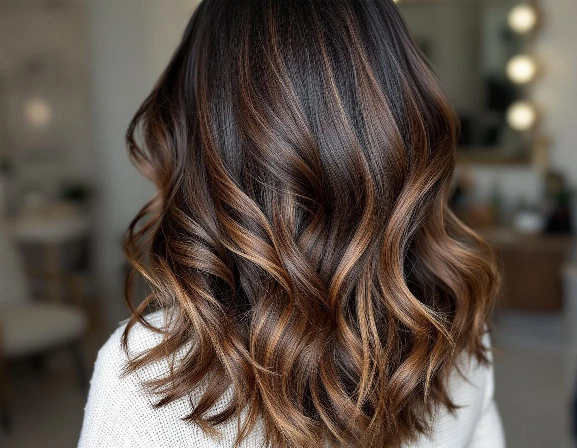 Dark autumn balayage example showing warm caramel highlights on dark brown base