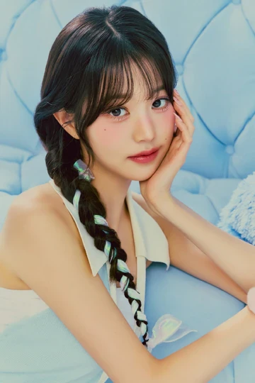 Editorial gallery of Wonyoung (IVE) styled in true summer outfits mixing navy, raspberry, and soft lavender, highlighting powder blue, soft lilac, rose quartz, silvery sage, and midnight plum.