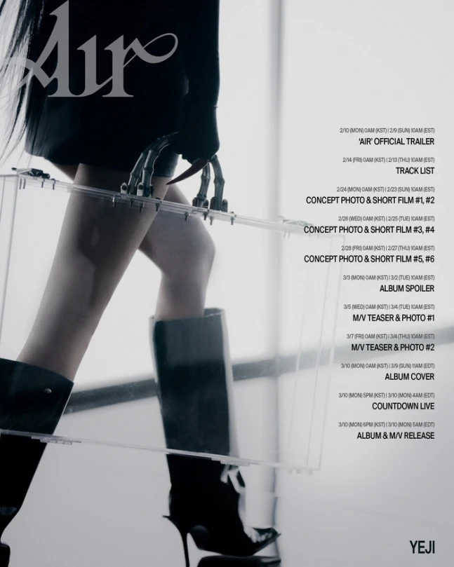 Editorial gallery of Yeji (solo) styled in bright winter looks with electric blues, magenta accents, and polished black, highlighting electric cobalt, icy magenta, optic white, chrome silver, and inky black.